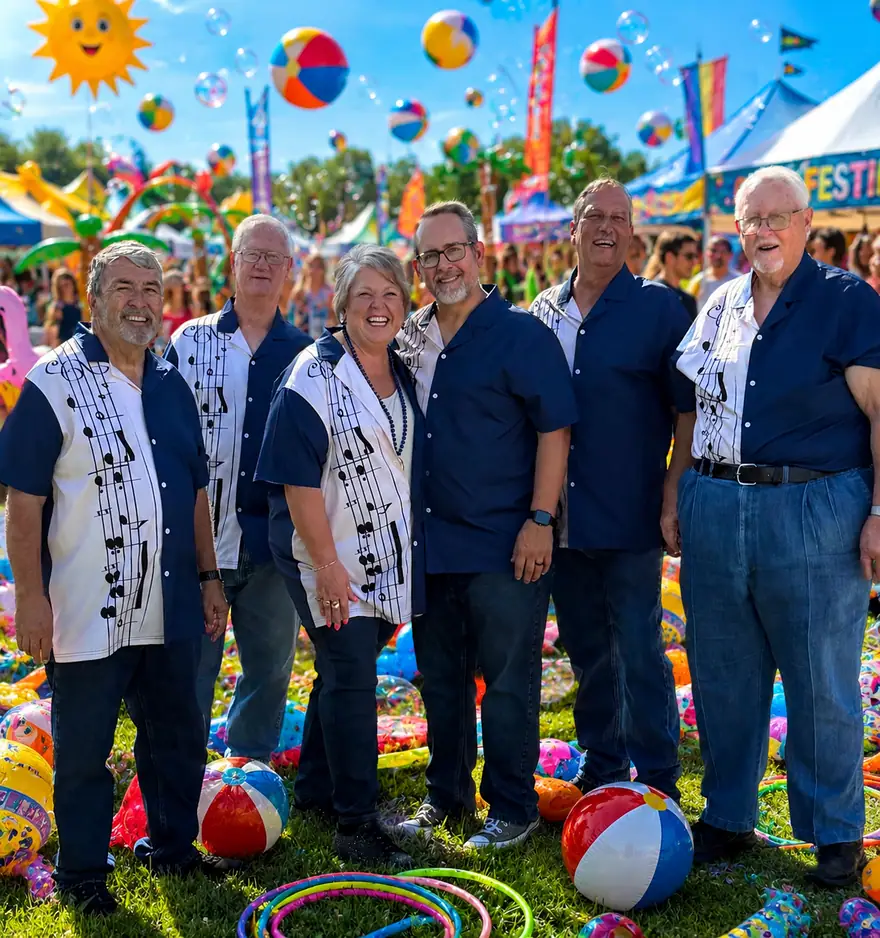 The Ventura Band gathered at a colorful festival, with beach balls and a crowd behind them