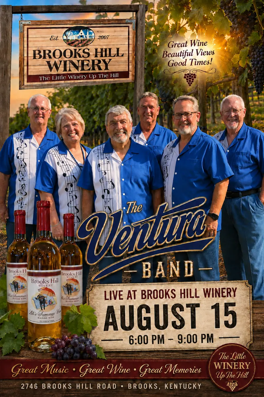 Poster for The Ventura Band at Brooks Hill Winery on August 15, 2026, from 6 to 9 PM