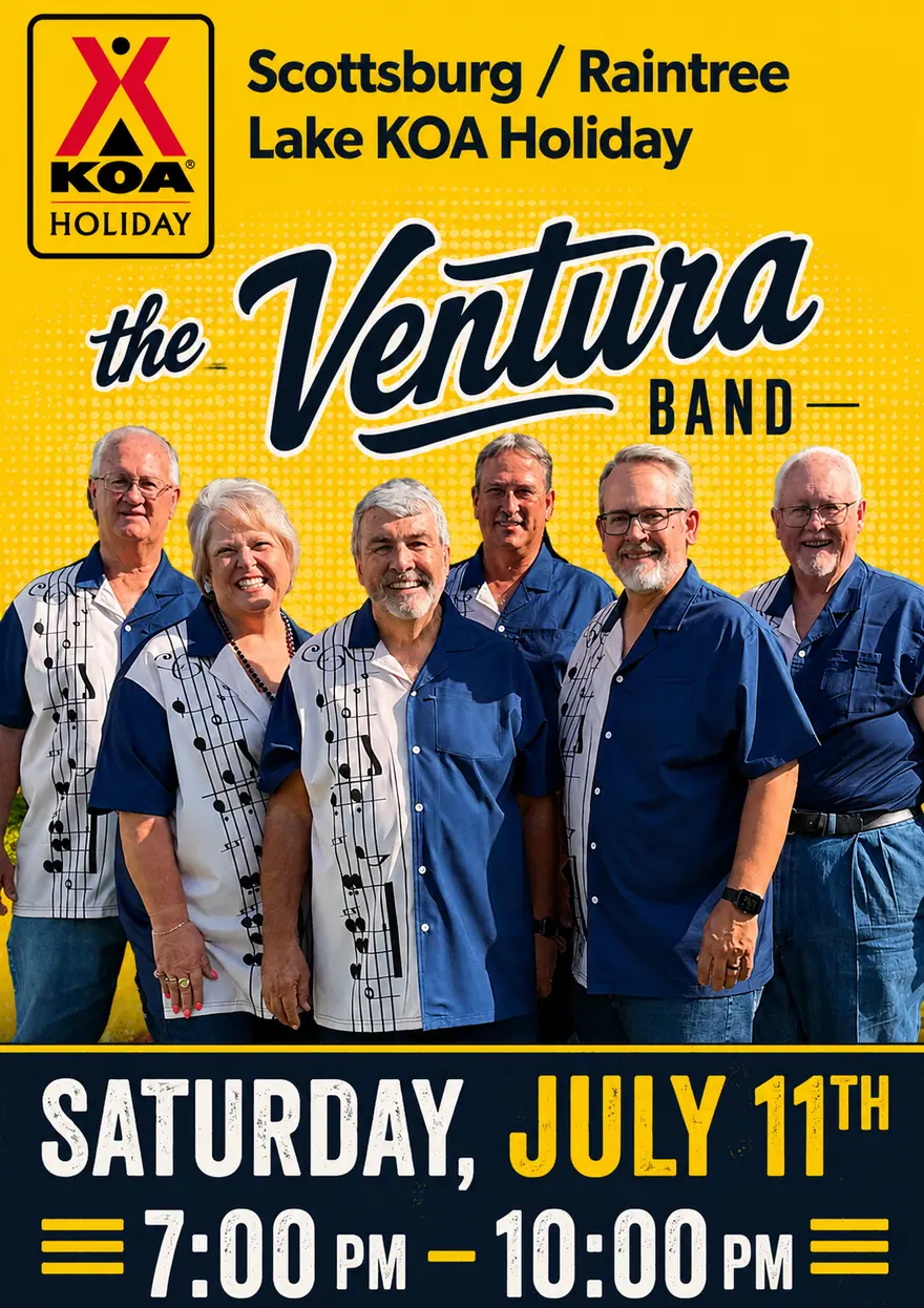 Poster for The Ventura Band at Raintree Lake KOA in Scottsburg, Indiana, on July 11, 2026