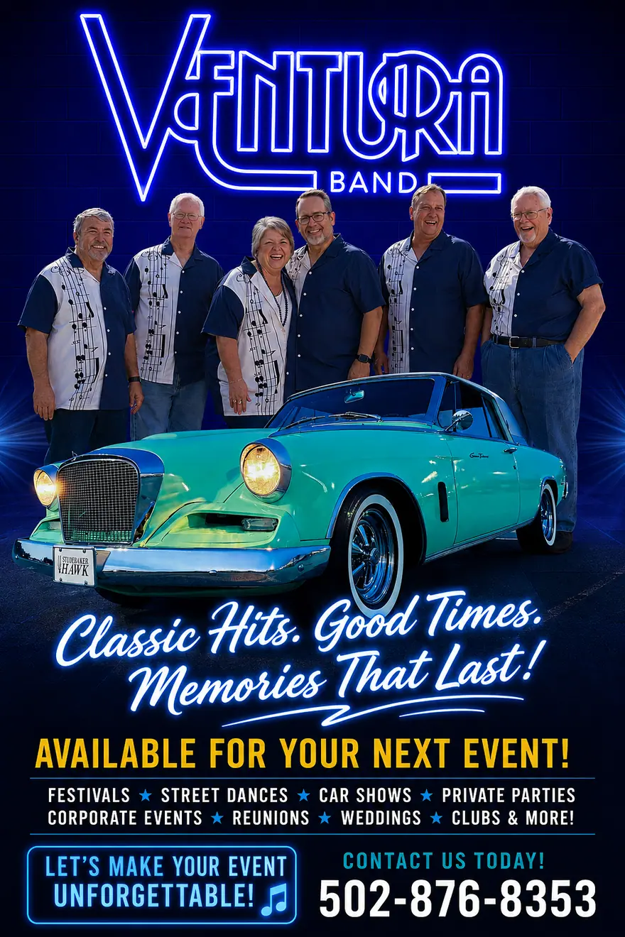 Poster of a teal Studebaker under a neon Ventura sign, advertising the band