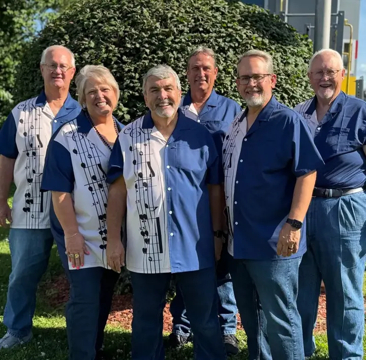 The Ventura Band in navy music-note shirts